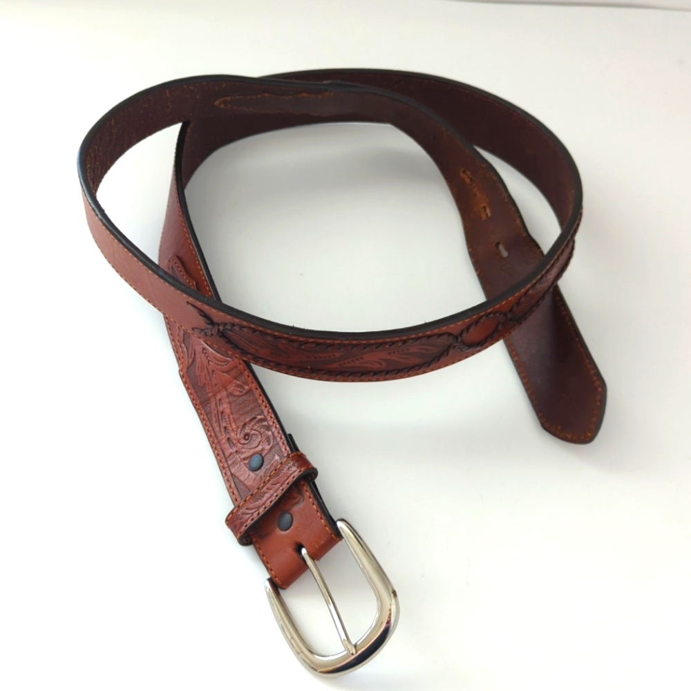 Western Genuine Leather Brown Tooled Belt Marked Size 46